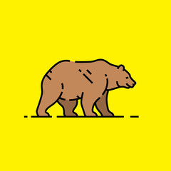 Brown bear icon. Grizzly bear line graphic isolated on yellow background. Animal wildlife symbol. Vector illustration.