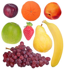 set of seven ripe fruits isolated on white