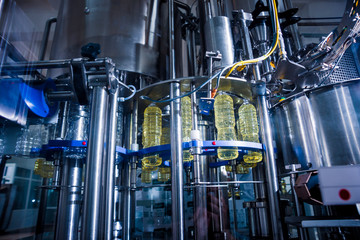 Bottling line of sunflower oil in bottles. Vegetable oil production plant. High technology.