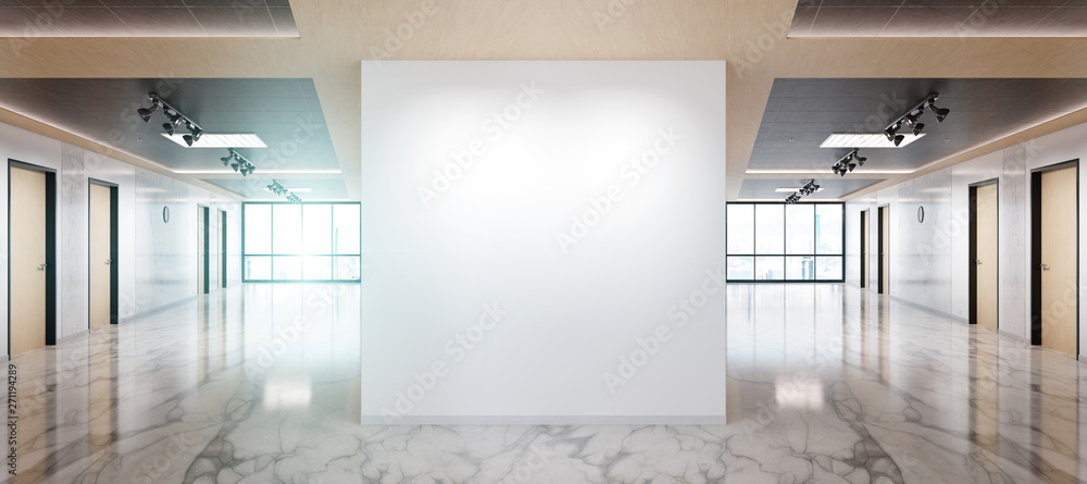 Poster blank wall in marble and wooden office mockup with large windows and sun passing through 3d renderin
