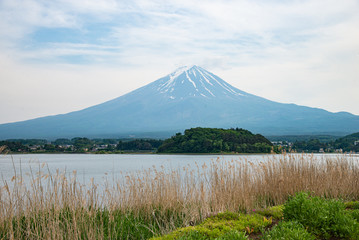 Obraz premium Beautiful Fuji mountain with cloud and blue sky in summer, the famous landmark and attraction place of tourists who have a long holiday in Japan, Lake Kawaguchiko