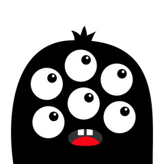 Monster head face black silhouette. Six eyes, teeth, tongue. Cute kawaii cartoon funny character. Happy Halloween. Baby kids collection. White background. Isolated. Flat design.