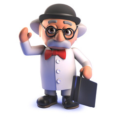 Mad scientist professor character in 3d wearing a bowler hat and holding a briefcase
