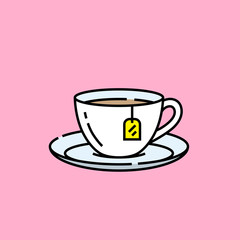 Teacup line icon. Porcelain Tea cup saucer with yellow label isolated on pink background. Vector illustration.