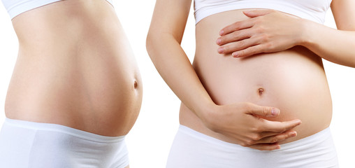 Collage of pregnant woman with belly in the early stages of pregnancy.
