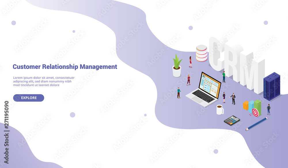 Poster crm customer relationship manager concept with team people and financial admin data for website temp