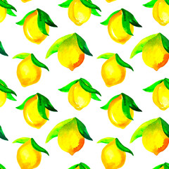 Watercolor seamless pattern with lemons. Hand painted citrus ornament on white background for design, fabric or print