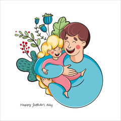 a happy father with a child in his arms. a man with a girl in his arms. flower arrangement in the background. can be used as a father's day greeting card