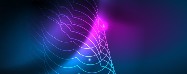 Neon glowing techno lines, hi-tech futuristic abstract background template, vector