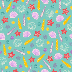 Sea seamless pattern with starfish and colorful shells