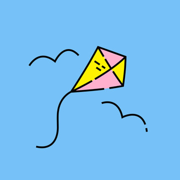recommend clip art: Kite line icon. Outdoor summer childhood fun activity graphic. Colorful kite isolated on blue sky background. Vector illustration.