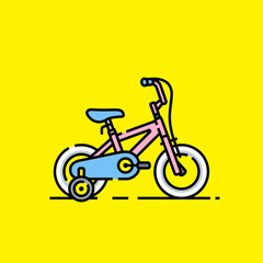 Kids bicycle icon. Girls cute pink bike symbol with safety wheels isolated on yellow background. Vector illustration.