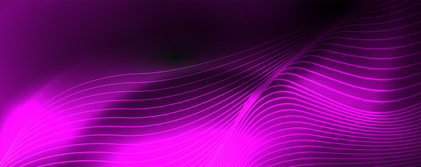 Smoky glowing waves in the dark. Dark abstract background with neon color light and wavy lines. Vector