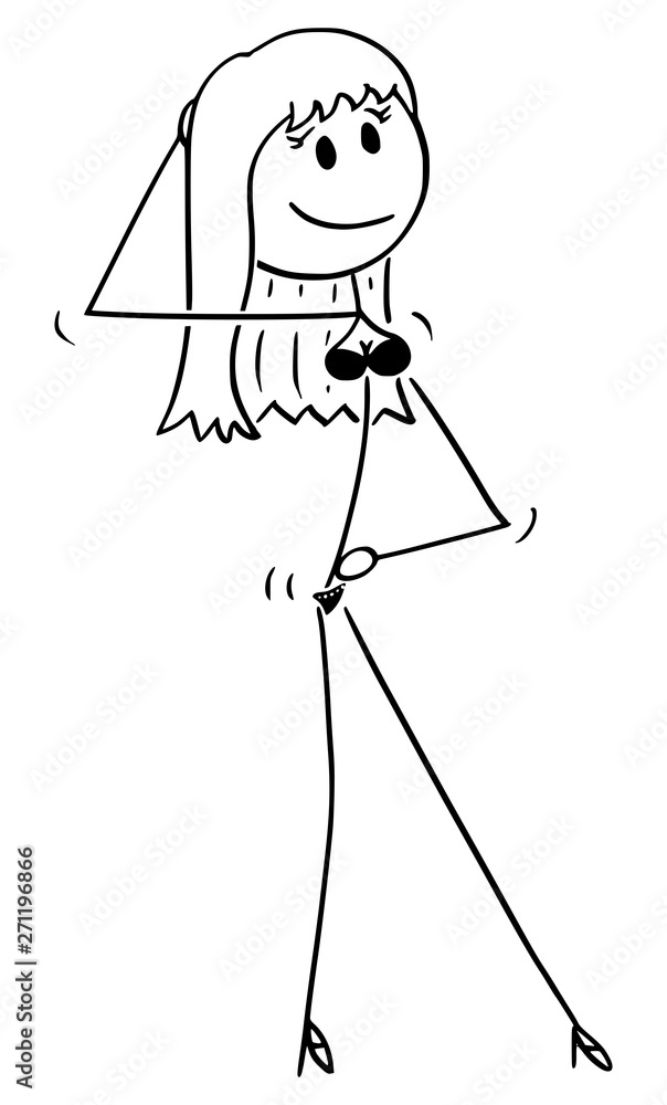 Poster Vector cartoon stick figure drawing of young sexy woman wearing underwear or lingerie or bikini and standing in seductive pose.