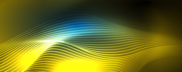 Smooth wave lines on blue neon color light background. Glowing abstract wave on dark, shiny motion, magic space light