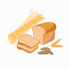 Gluten-containing foods white bread, cookies, spaghetti isolated on white background. Vector illustration in flat design.
