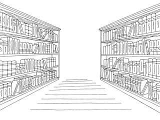 Library shelf graphic black white interior sketch illustration vector