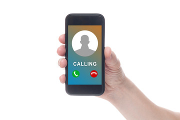 Hand with smartphone and unknown incoming phone call on it. Hand holding a smart phone and the phone ringing tube.