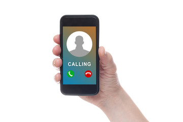 Hand with smartphone and unknown incoming phone call on it. Hand holding a smart phone and the phone ringing tube.