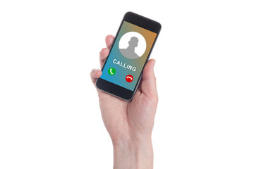 Hand with smartphone and unknown incoming phone call on it. Hand holding a smart phone and the phone ringing tube.