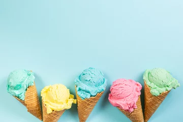  Pastel ice cream in waffle cones, bright background, copy space © anaumenko