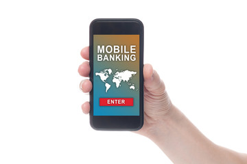 Online Mobile banking concept on screen. Male hand using mobile banking on smart phone