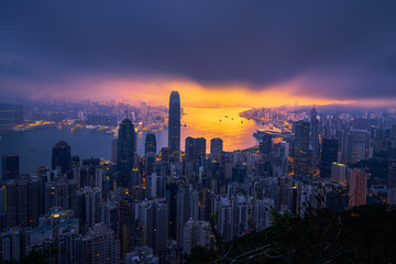 wonderful sunrise skyline and cityscape in hong kong