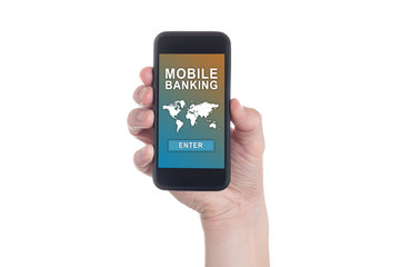 Online Mobile banking concept on screen. Male hand using mobile banking on smart phone