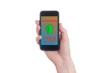 Hands holding smart phone with virus alert on screen. White background.