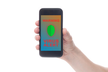 Hands holding smart phone with virus alert on screen. White background.