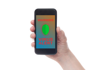 Hands holding smart phone with virus alert on screen. White background.