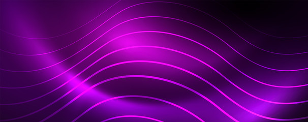 Shiny neon lights, dark abstract background with blurred magic neon light curved lines