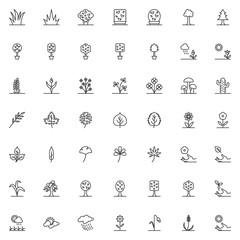 Obraz premium Nature plants line icons set. Gardening linear style symbols collection, outline signs pack. vector graphics. Set includes icons as potted flowers, exotic tropical tree leaves, grass, bush, shrub 