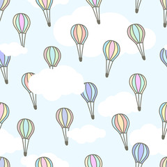 Cute air baloons of different colors flying in the light blue sky with white clouds. Cartoon vector illustration