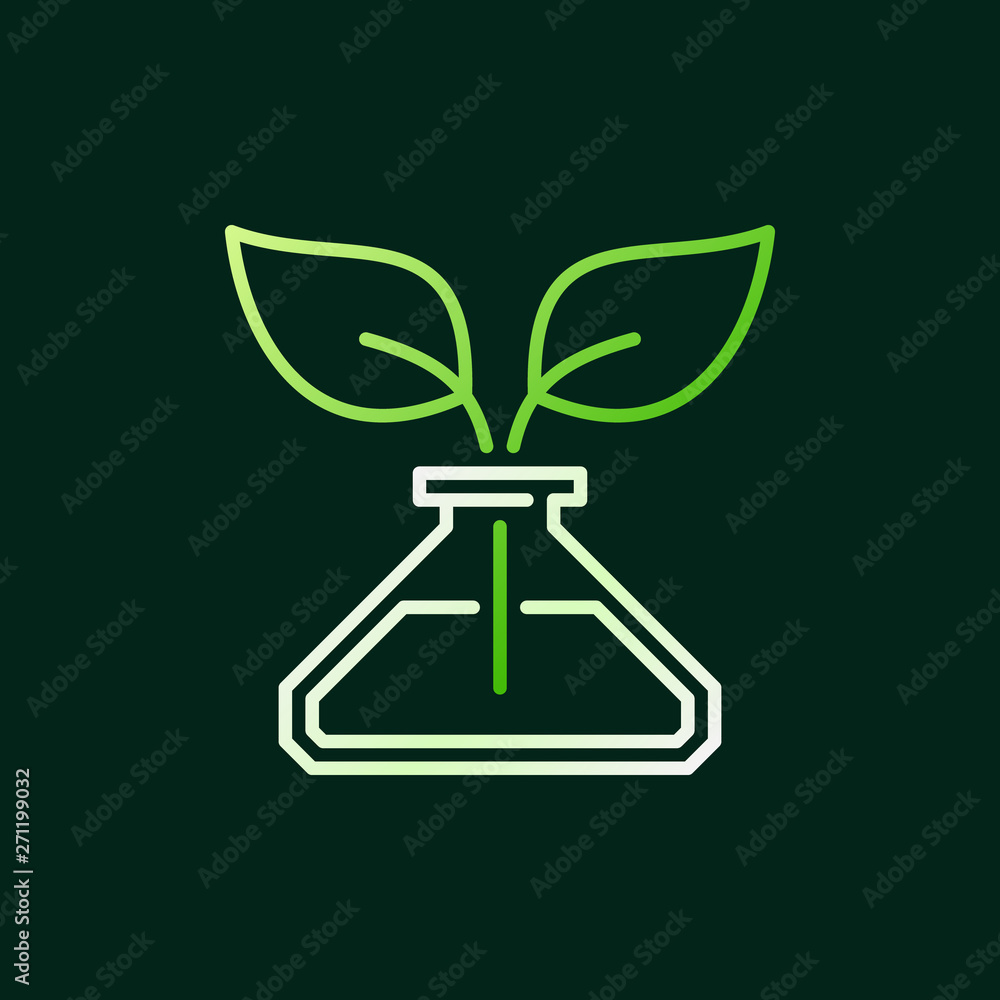 Poster conical flask with green leaves vector line icon or logo element on dark background