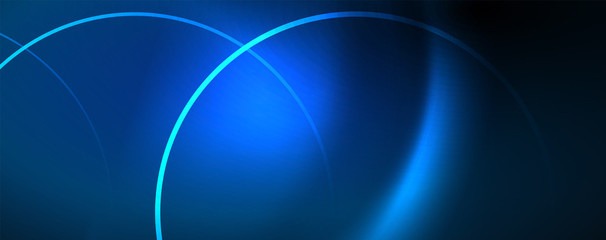 Trendy neon blue abstract design with waves and circles. Neon light glowing effect. Abstract digital background.