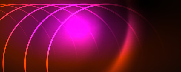 Bright neon circles and wave lines, glowing shiny background design template, digital techno concept.