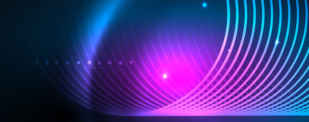 Trendy neon blue abstract design with waves and circles. Neon light glowing effect. Abstract digital background.