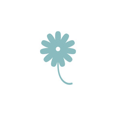 Blue flat icon of camomile flower with curved sprig and leaf.