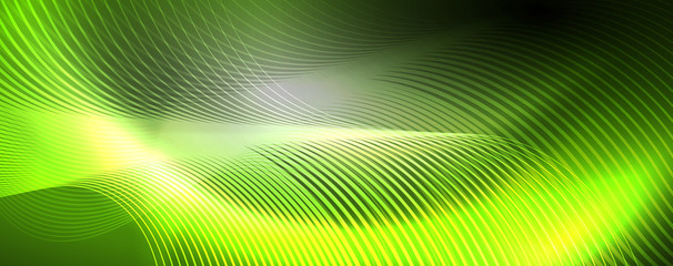 Shiny neon lights, dark abstract background with blurred magic neon light curved lines