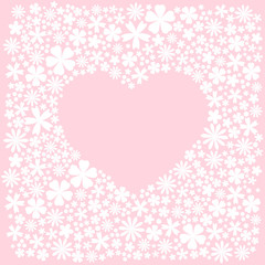 Greeting card with heat of white flat flowers. Pink background. Vector wedding illustration.