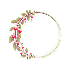 pink and green round wreath from twigs and magenta fuchsia flowers isolated on white background.