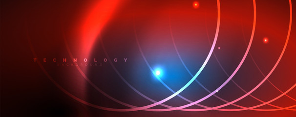 Trendy neon blue abstract design with waves and circles. Neon light glowing effect. Abstract digital background.