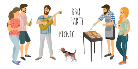 Picnic. Cute Vector illustration of isolated mans and womans resting on the nature on a white background. Drawing by hand active people weekend with a barbecue.