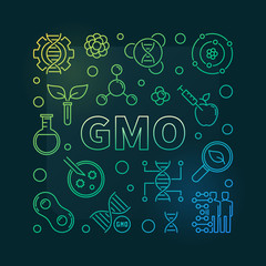 Fototapeta na wymiar GMO or Genetically Modified Organism vector linear colored illustration on dark background