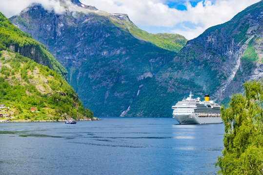 Ferry Boat On Fjord In Norway.