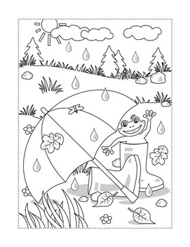 Rainy autumn or summer day fun coloring page with umbrella, gumboots and happy frog