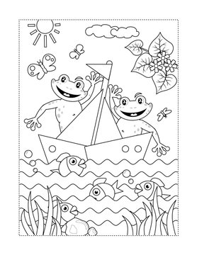 Spring or summer joy themed coloring page with two happy frogs in a boat 