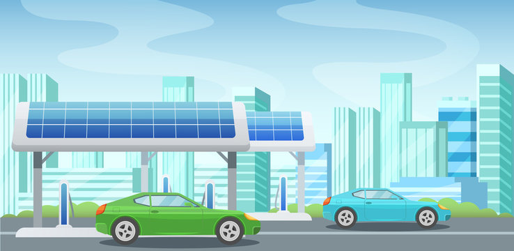 Solar panels, alternative energy, gas station, charging cars from electricity.