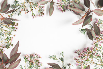 Naklejka premium Flowers composition. Eucalyptus leaves and pink flowers on pastel gray background. Flat lay, top view, copy space